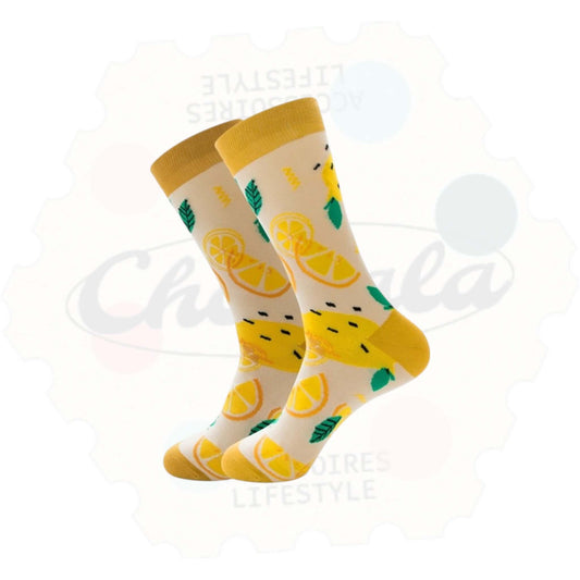 Chaussettes Fantaisie Citrons Jaunes et Feuilles Vertes - Chollala