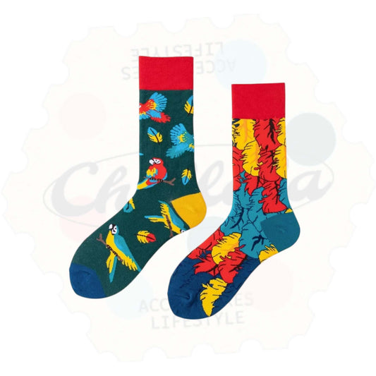 Chaussettes fantaisie dépareillées : une chaussette verte avec des perroquets multicolores perchés sur des branches, l’autre avec un motif de plumes rouges, jaunes et bleues sur fond bleu.